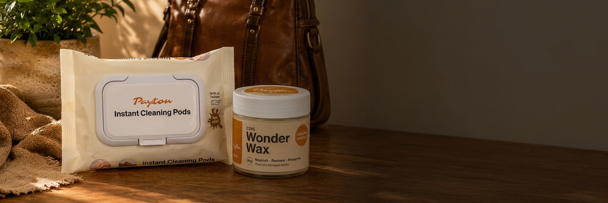 A jar of Wonder Wax hair wax and a pack of Paycom Instant Cleaning Pads placed on a wooden table next to a brown leather handbag, with warm sunlight casting shadows.